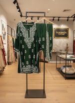 Chikankari kurti with dhoti pants set in bottle green