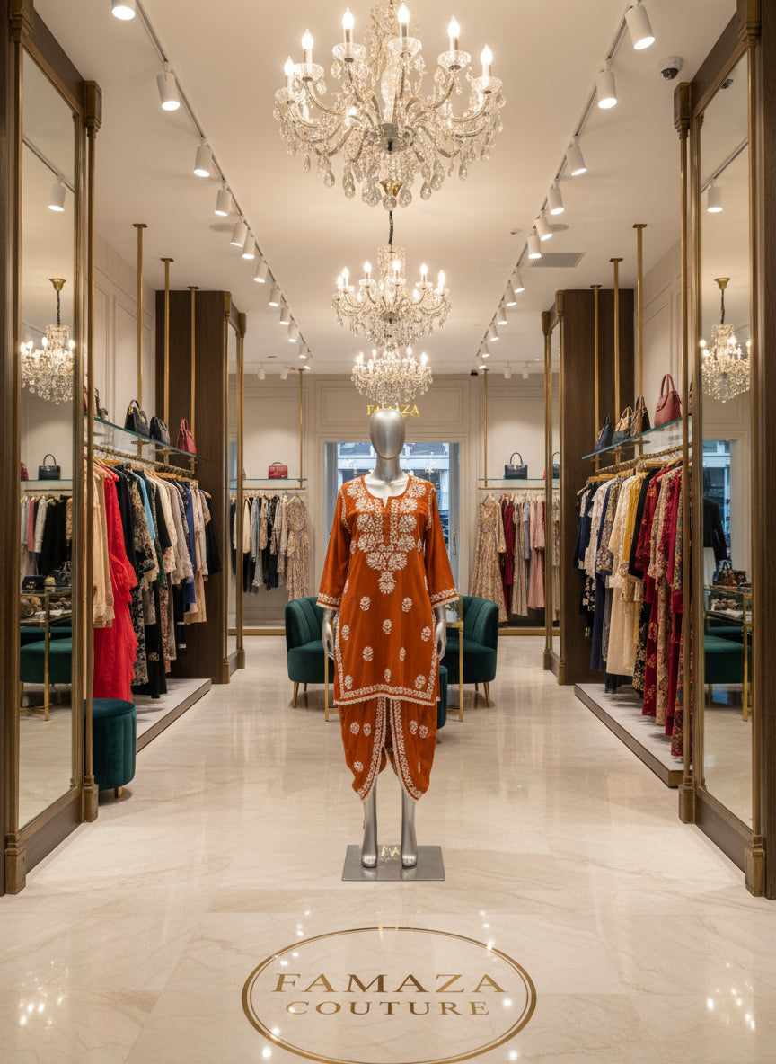 Chikankari kurti with dhoti pants set in brown