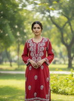 Chikankari kurti with dhoti pants set in maroon