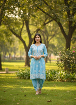 Chikankari kurti with dhoti pants set in sky blue