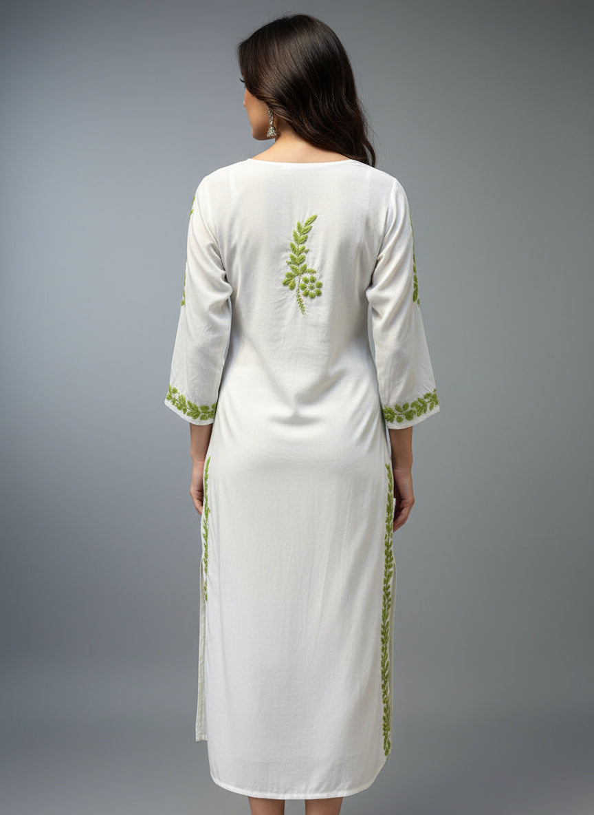 Chikankari kurti with green colour embroidery on white rear view