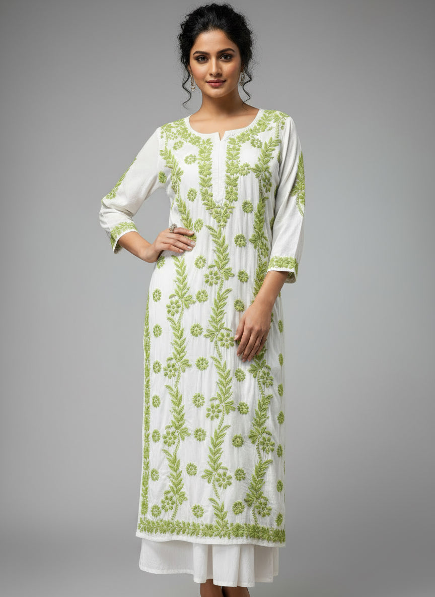 Chikankari kurti with green colour embroidery on white