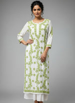 Chikankari kurti with green colour embroidery on white