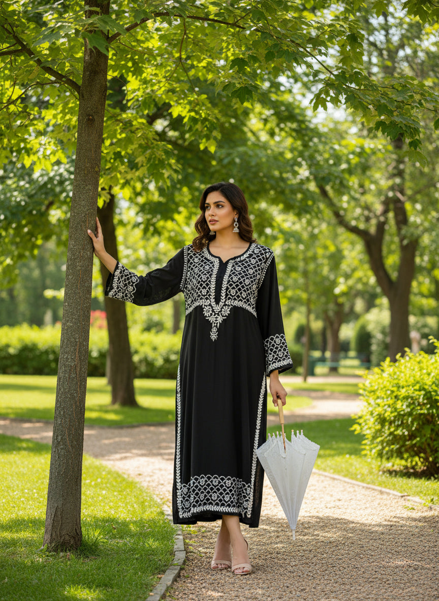 Chikankari kurti in palazzo set in black with white embroidery