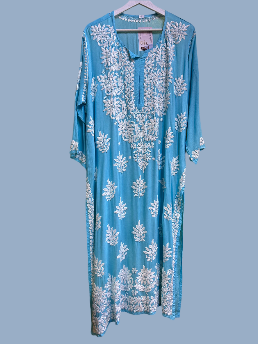 Chikankari kurti top with large floral embroidery, blue