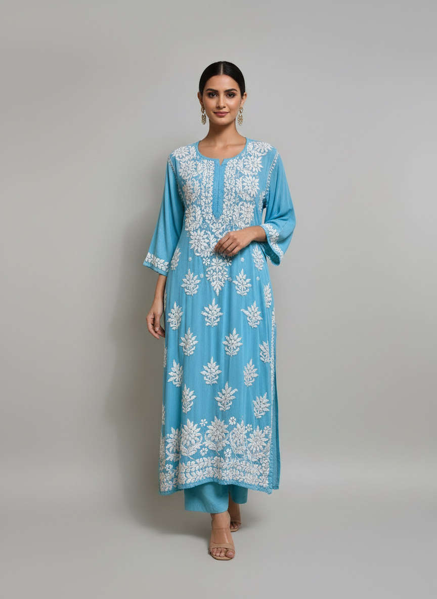 Blue colour Chikankari kurti top with large floral embroidery by famaza couture