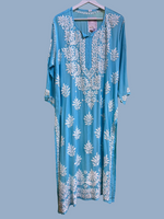 Chikankari kurti top with large floral embroidery, blue