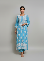 Blue colour Chikankari kurti top with large floral embroidery by famaza couture