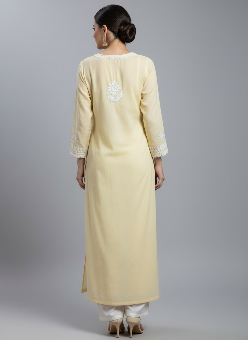 yellow colour Chikankari kurti top with large floral embroidery, rear view