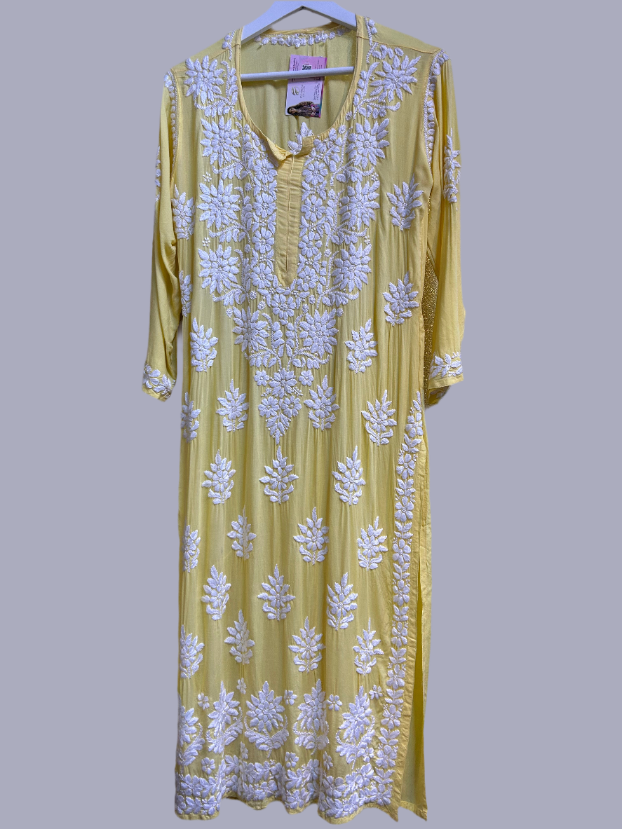 Chikankari kurti top with large floral embroidery, yellow