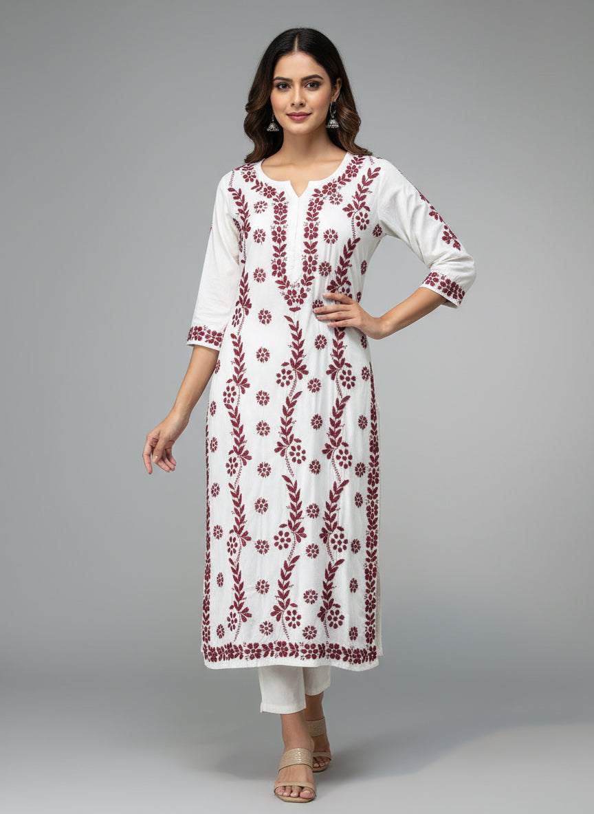 Chikankari kurti with maroon colour embroidery on white