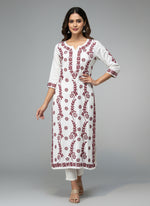 Chikankari kurti with maroon colour embroidery on white