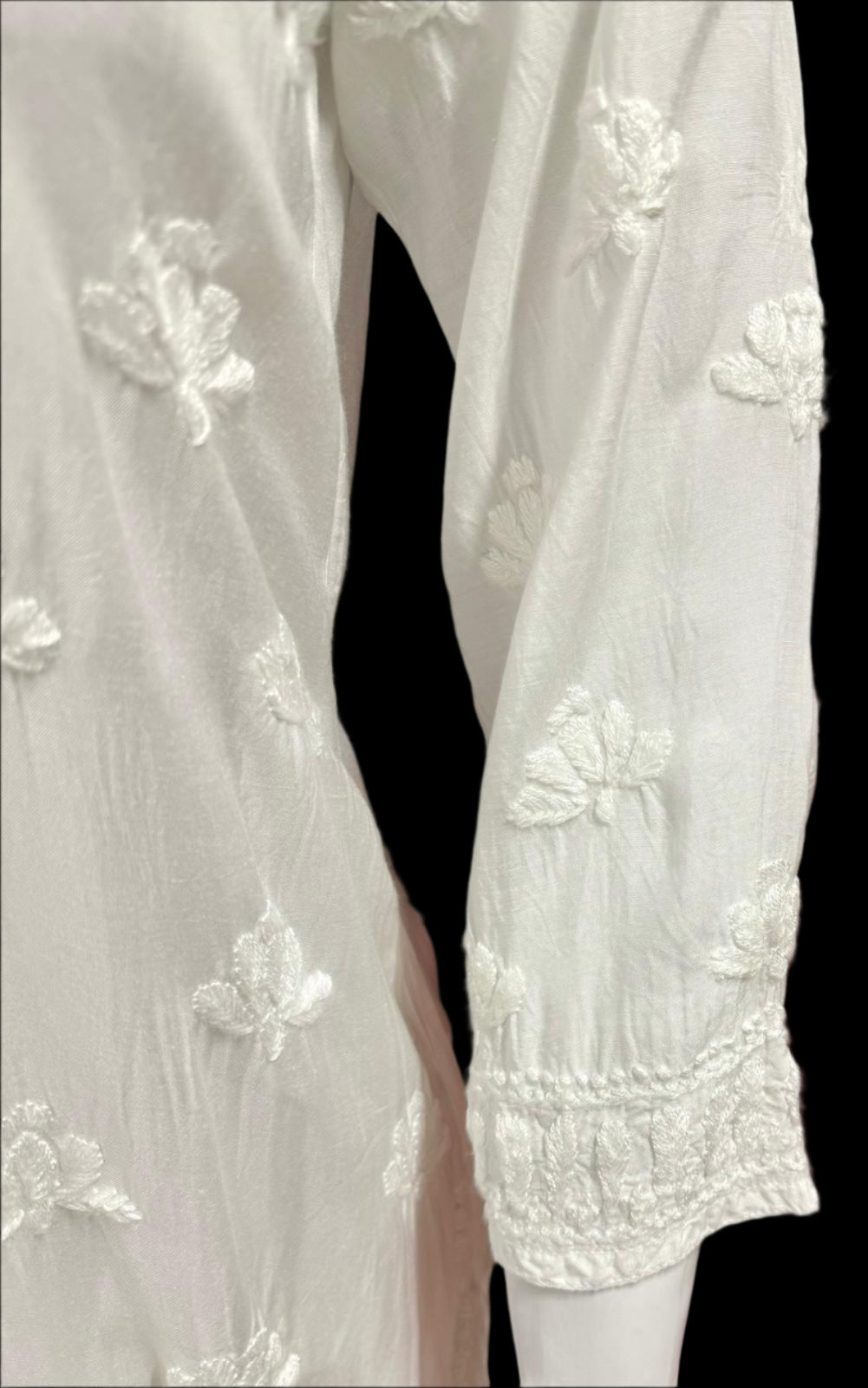 sleeve view of Chikankari short kurti made from modal silk fabric
