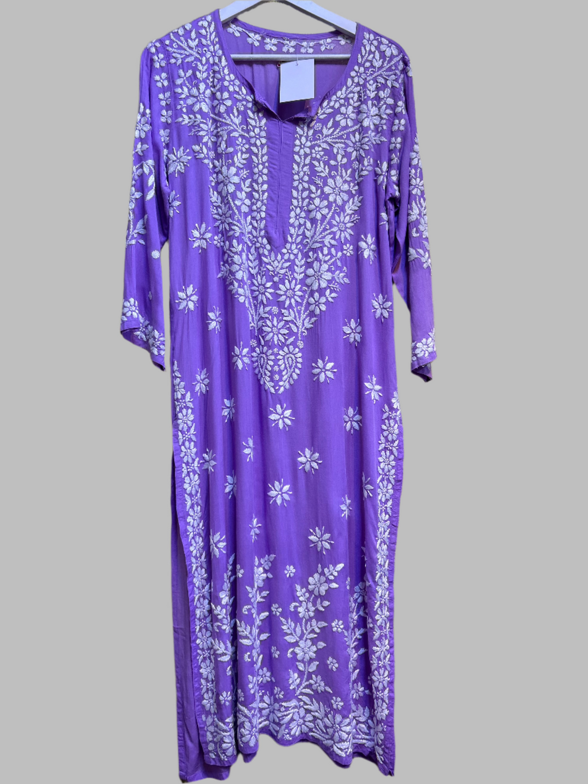 Chikankari kurti multi size floral lavender, with hand embroidery