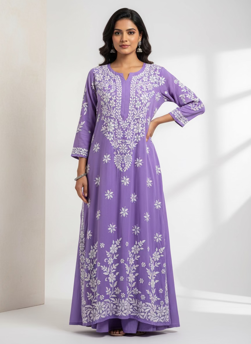 lavender colour Chikankari kurti multi size floral , with hand embroidery