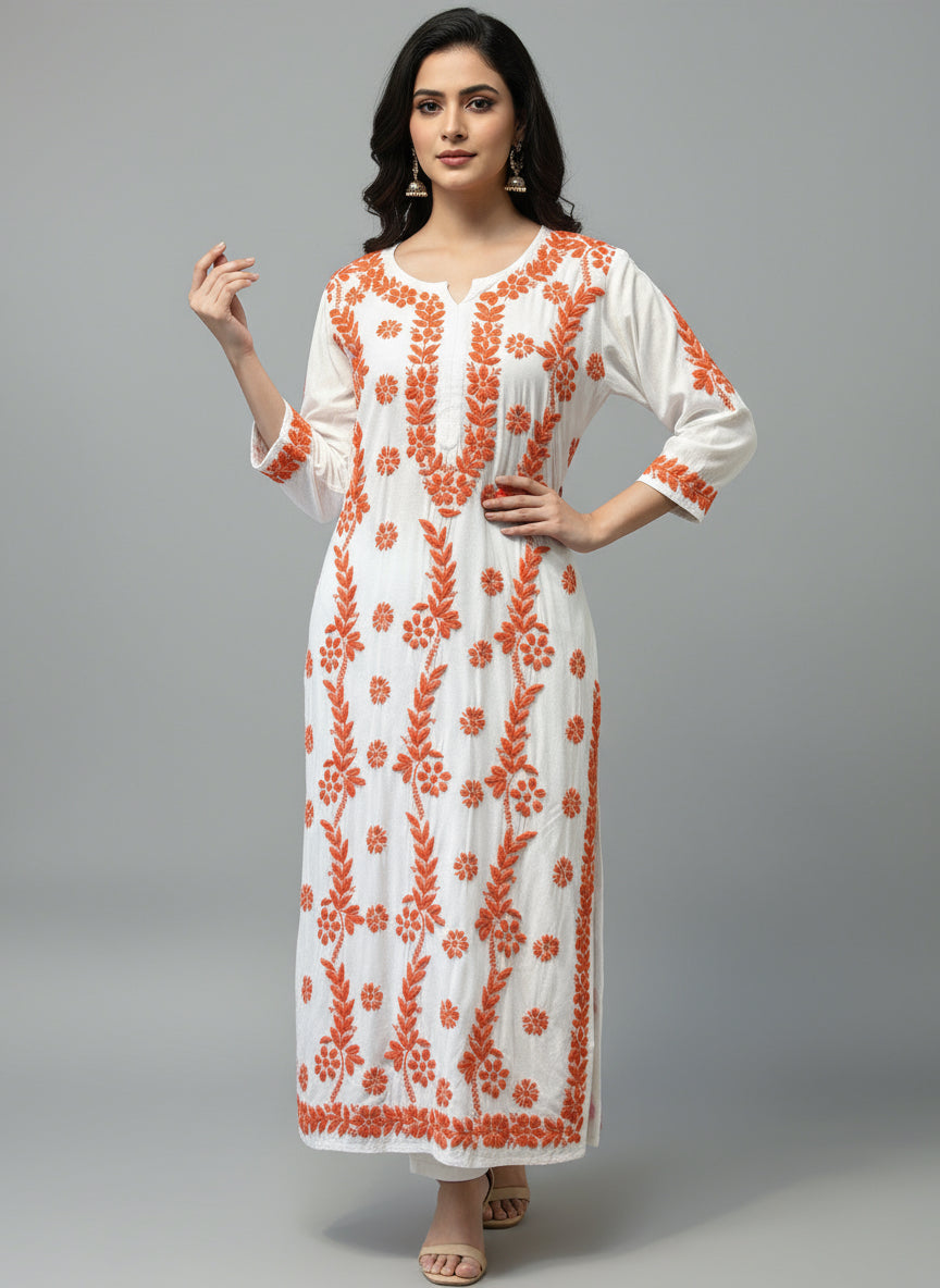 Chikankari kurti with orange colour embroidery on white