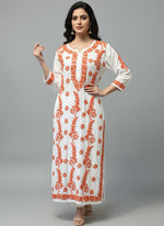 Chikankari kurti with orange colour embroidery on white