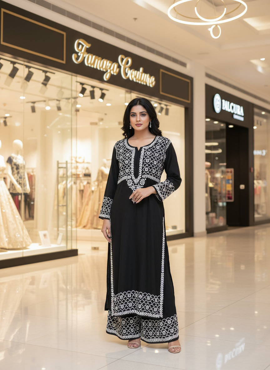 Chikankari kurti and palazzo set in black with white embroidery