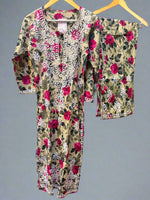 Beige Chikankari Kurti Palazzo Set in Printed Mul Cotton