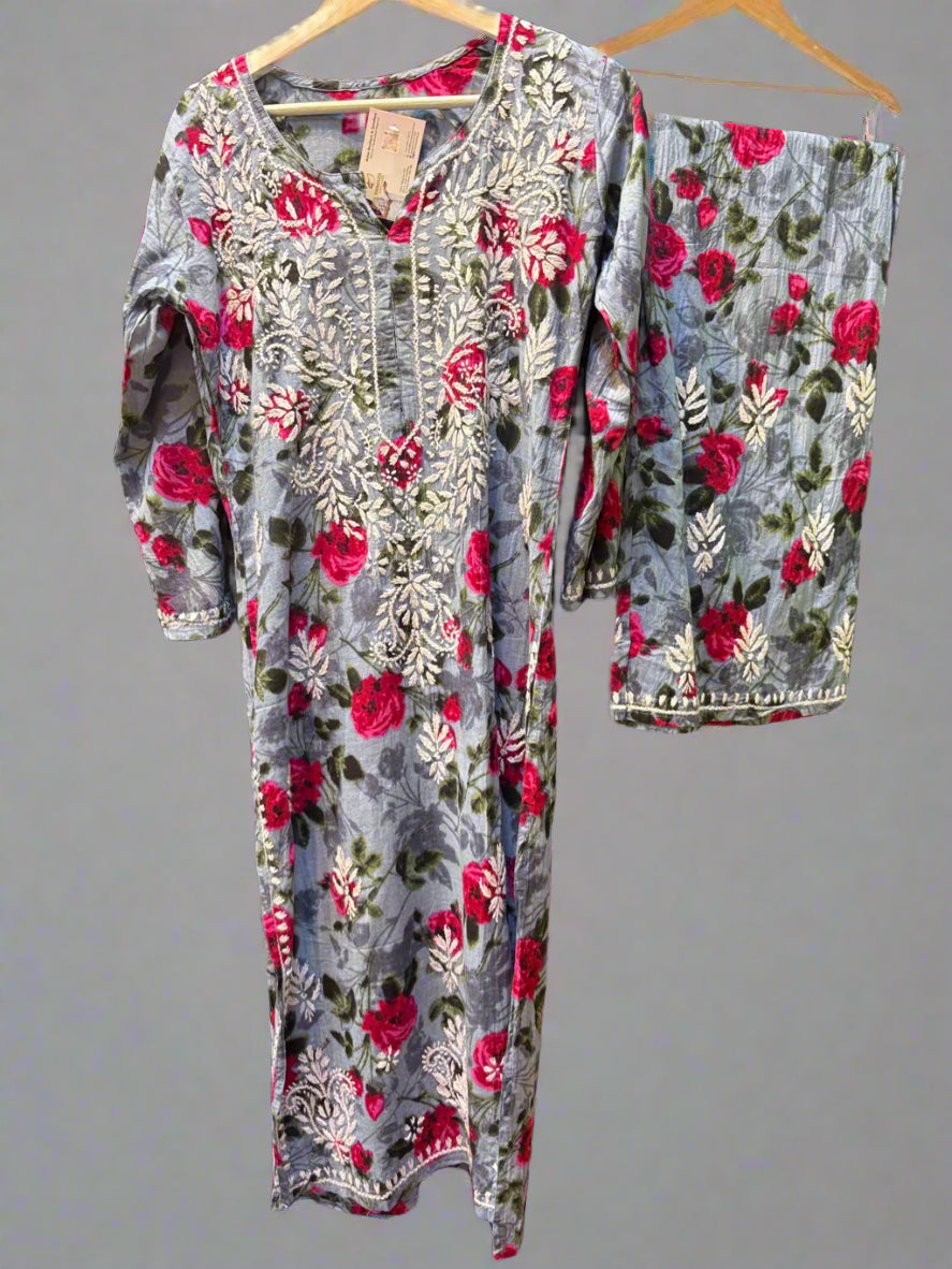 Blue Chikankari Kurti Palazzo Set in Printed Mul Cotton