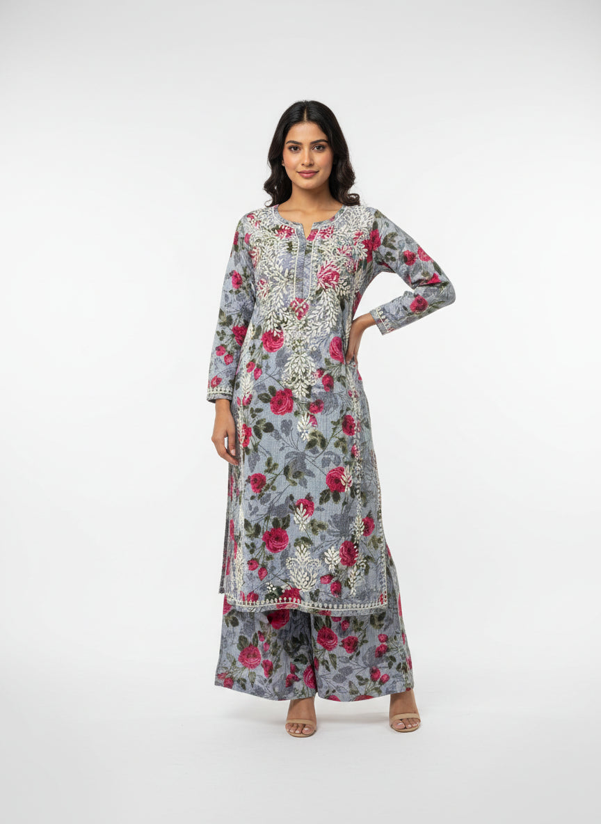 Blue Chikankari Kurti Palazzo Set in Printed Mul Cotton
