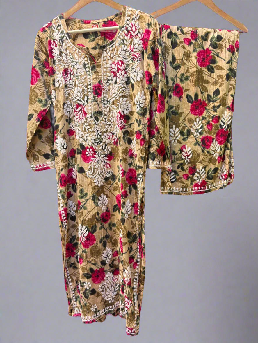 Brown Chikankari Kurti Palazzo Set in Printed Mul Cotton