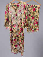Brown Chikankari Kurti Palazzo Set in Printed Mul Cotton