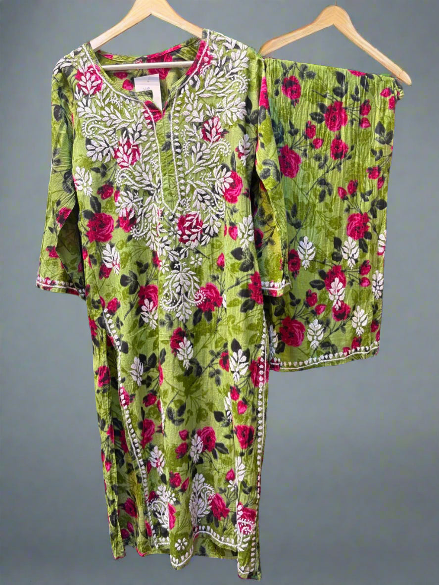 Green Chikankari Kurti Palazzo Set in Printed Mul Cotton