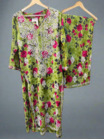 Green Chikankari Kurti Palazzo Set in Printed Mul Cotton