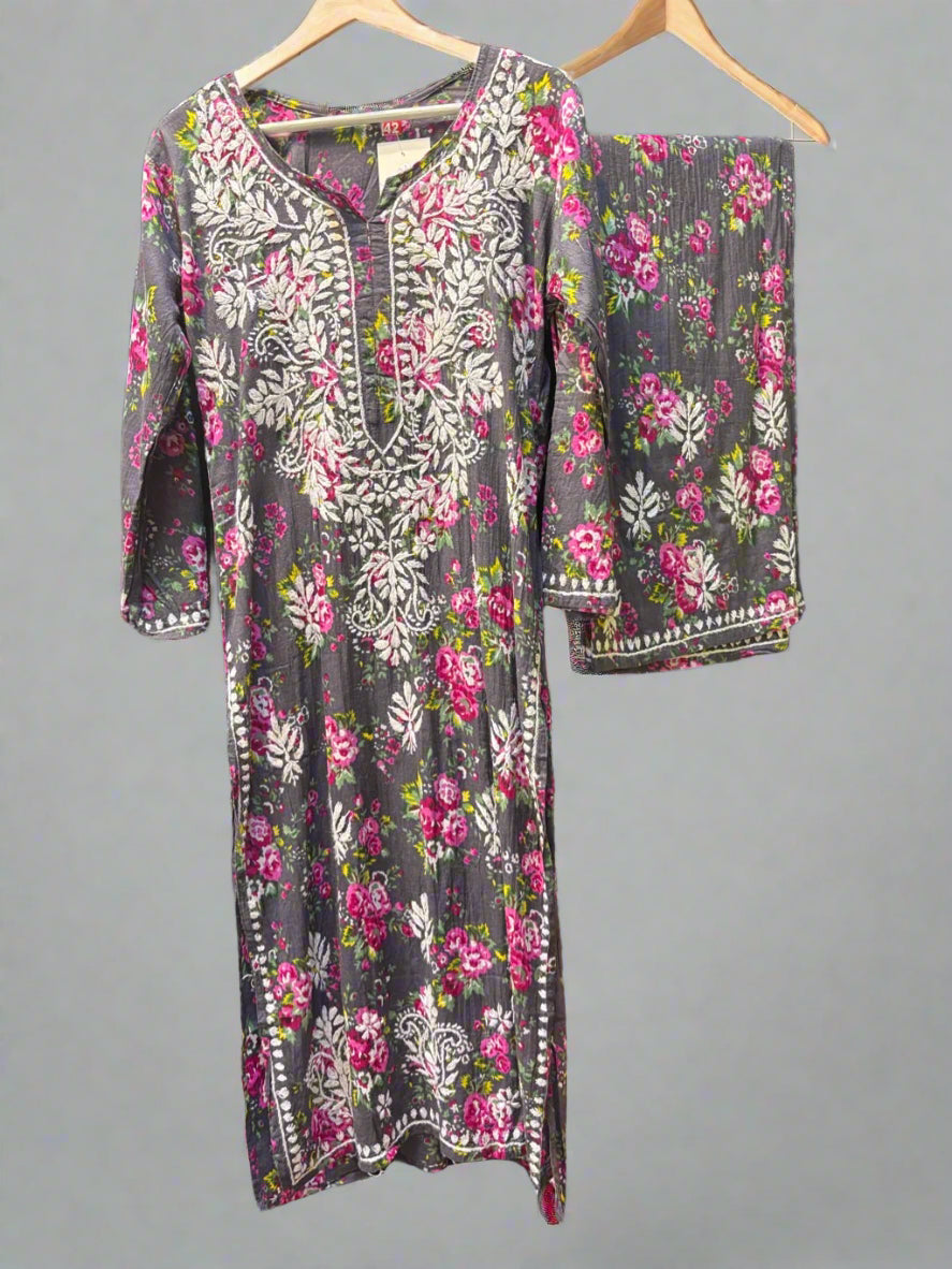 Grey Chikankari Kurti Palazzo Set in Printed Mul Cotton
