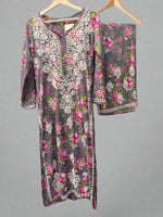Grey Chikankari Kurti Palazzo Set in Printed Mul Cotton