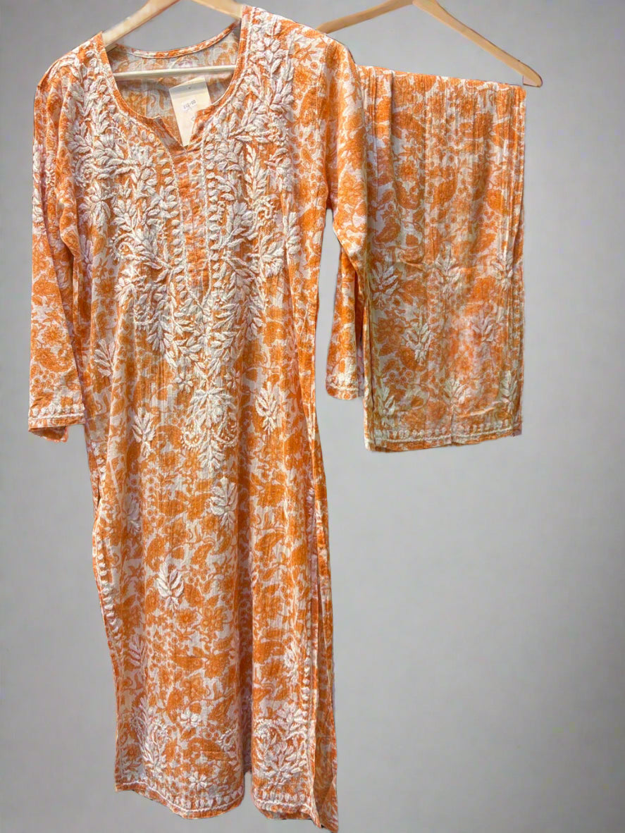 Orange Chikankari Kurti Palazzo Set in Printed Mul Cotton