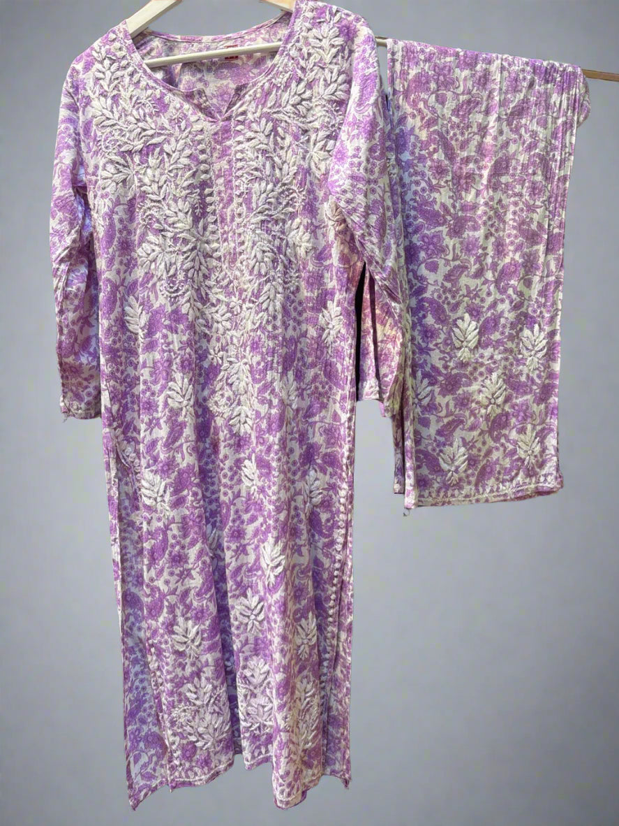 Purple Chikankari Kurti Palazzo Set in Printed Mul Cotton