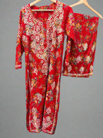 Red Chikankari Kurti Palazzo Set in Printed Mul Cotton