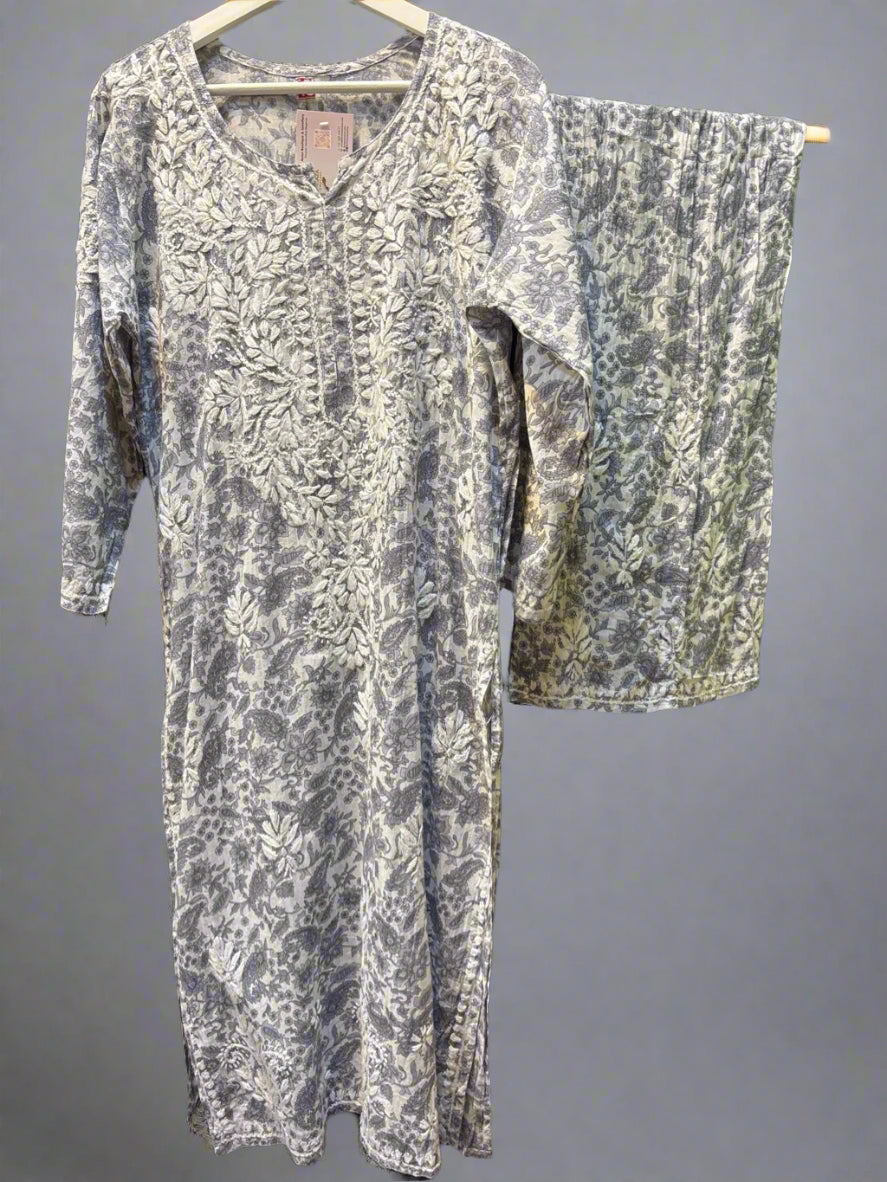 Silver Chikankari Kurti Palazzo Set in Printed Mul Cotton