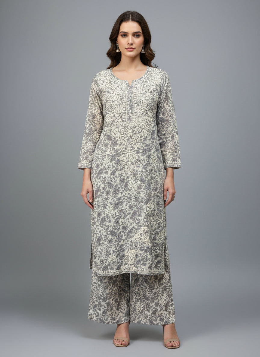 Silver Chikankari Kurti Palazzo Set in Printed Mul Cotton