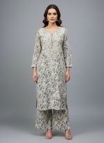 Silver Chikankari Kurti Palazzo Set in Printed Mul Cotton