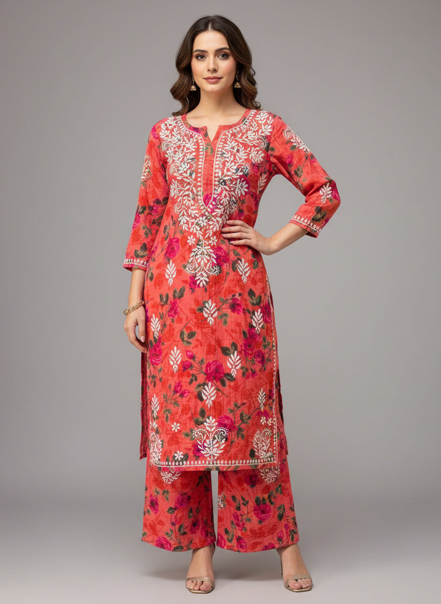 Watermelon Pink Chikankari Kurti Palazzo Set in Printed Mul Cotton