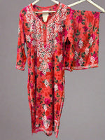 Watermelon Pink Chikankari Kurti Palazzo Set in Printed Mul Cotton