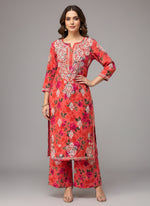 Watermelon Pink Chikankari Kurti Palazzo Set in Printed Mul Cotton