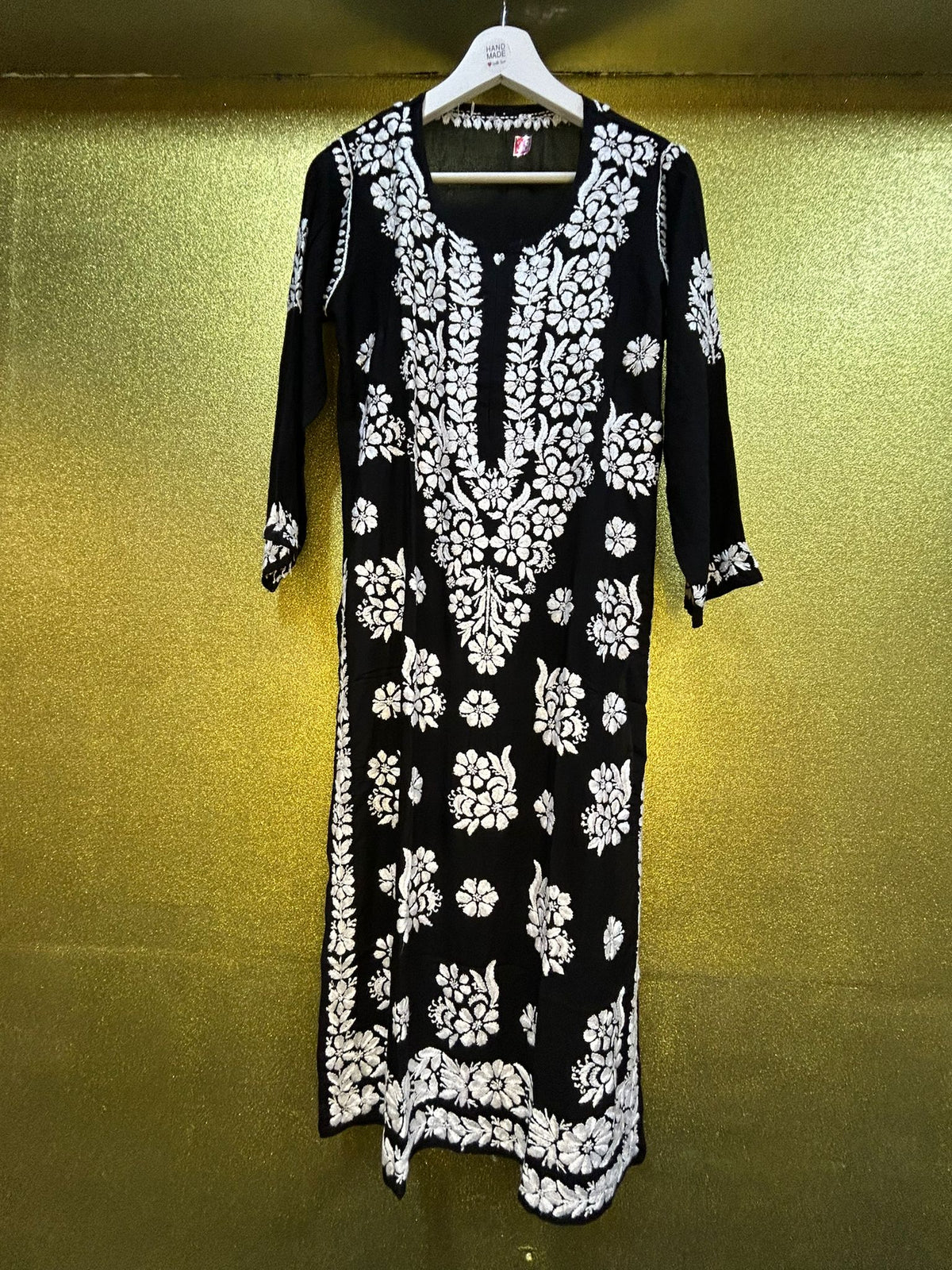 Chikankari Kurti Shirt Top Petal Floral Border Black