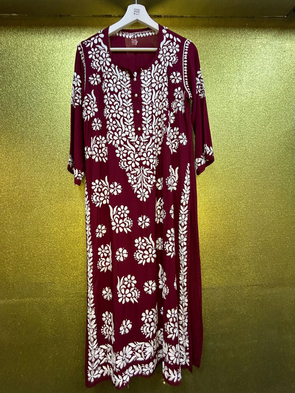 Chikankari Kurti Shirt Top Petal Floral Border Maroon