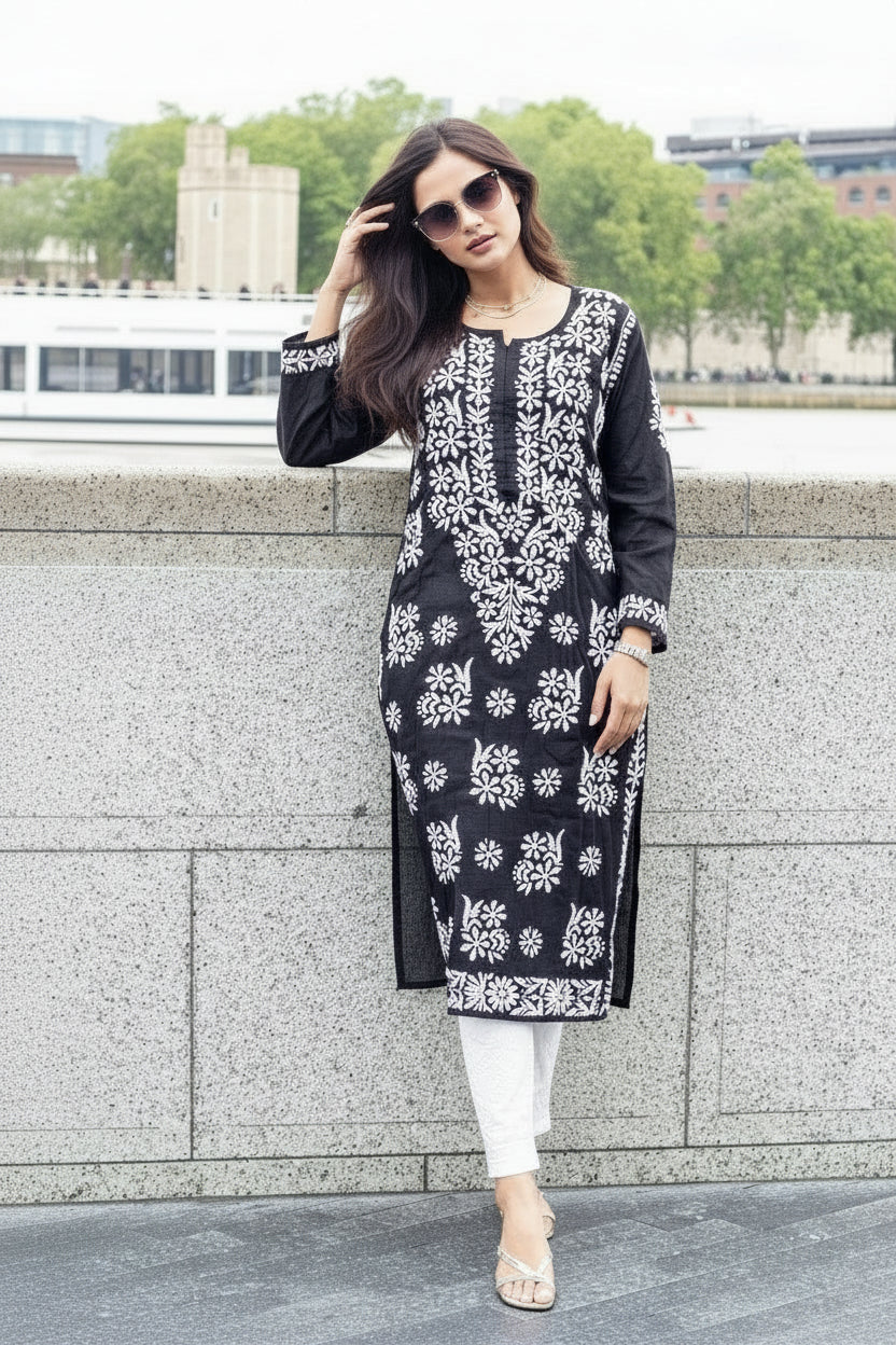 Front view of Model wearing Chikankari Kurti Shirt Top Petal Floral Border