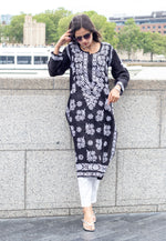 Front view of Model wearing Chikankari Kurti Shirt Top Petal Floral Border