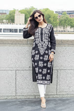 Front view of Model wearing Chikankari Kurti Shirt Top Petal Floral Border