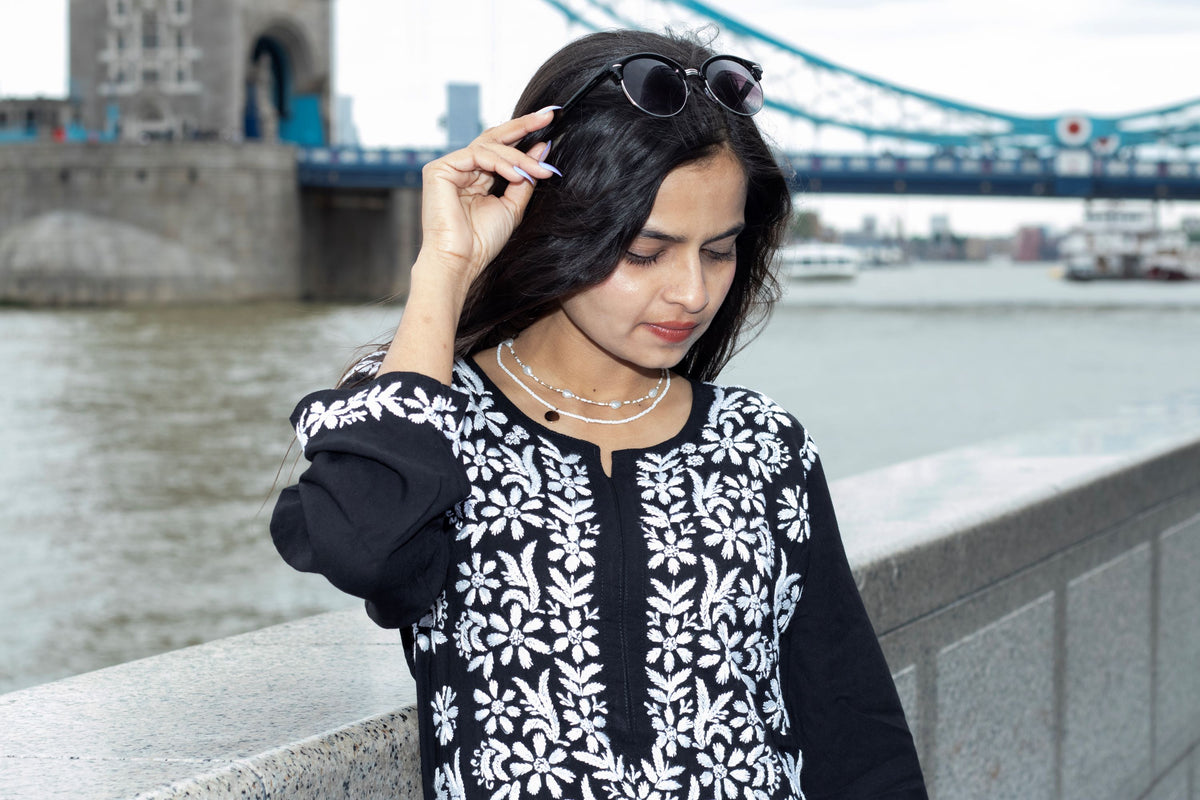 Model wearing Chikankari Kurti Shirt Top Petal Floral Border Upper half