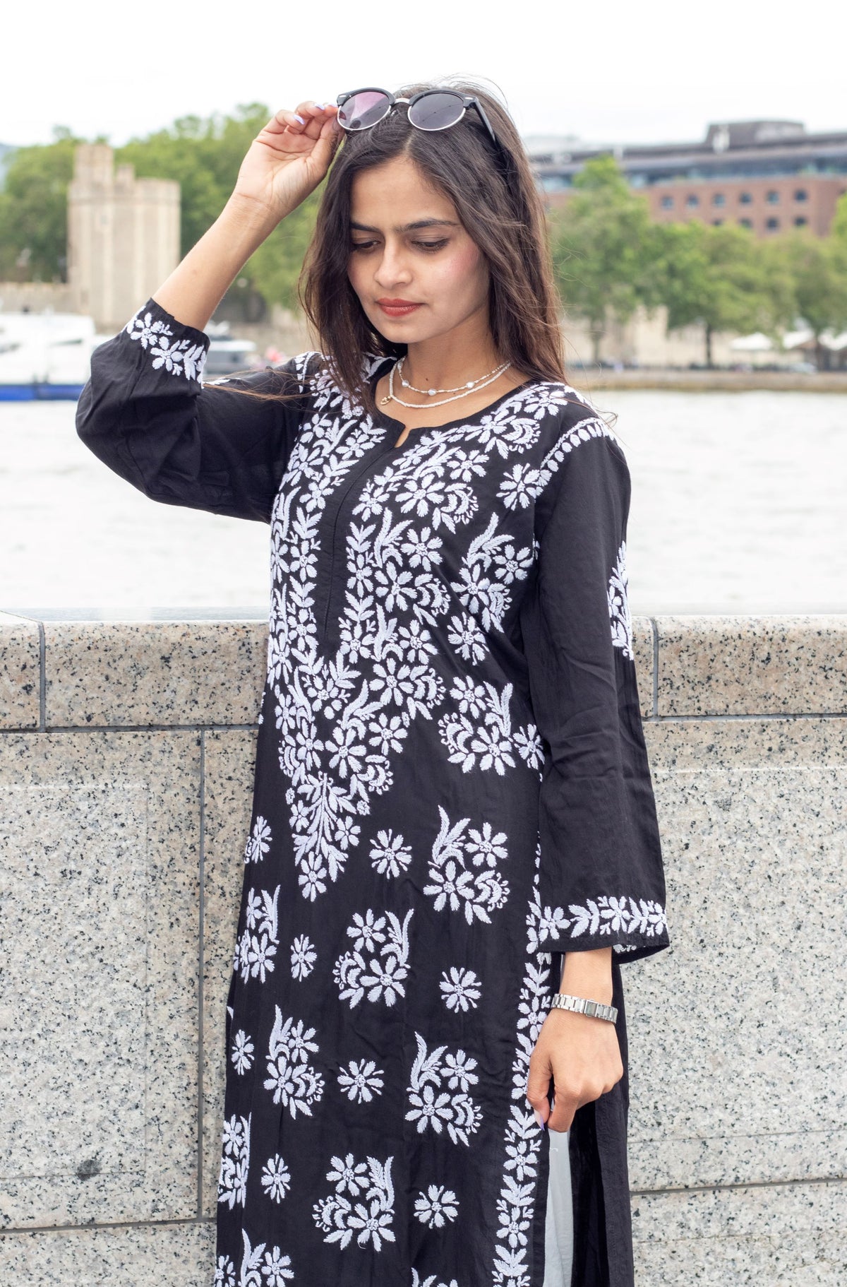 Side view of Model wearing Chikankari Kurti Shirt Top Petal Floral Border