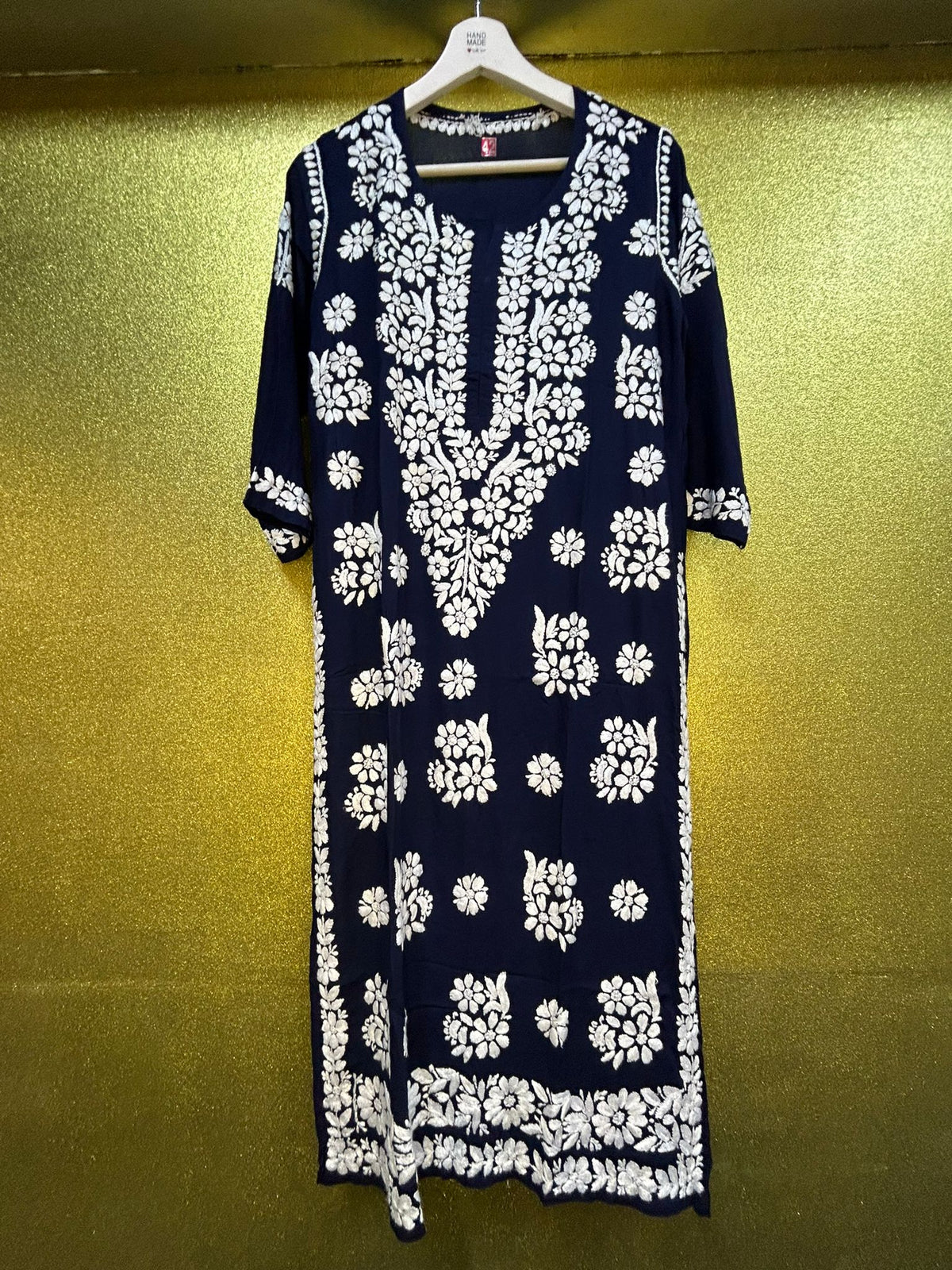 Chikankari Kurti Shirt Top Petal Floral Border Navy Blue