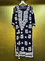 Chikankari Kurti Shirt Top Petal Floral Border Navy Blue