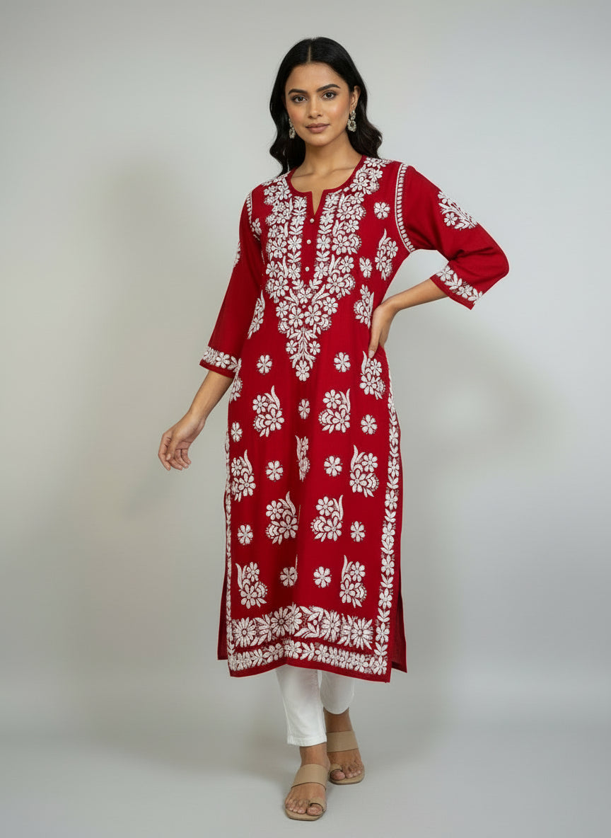 Red colour modal fabric 46 inches long kurti with white hand embroidery on all over the kurti and sleeves.